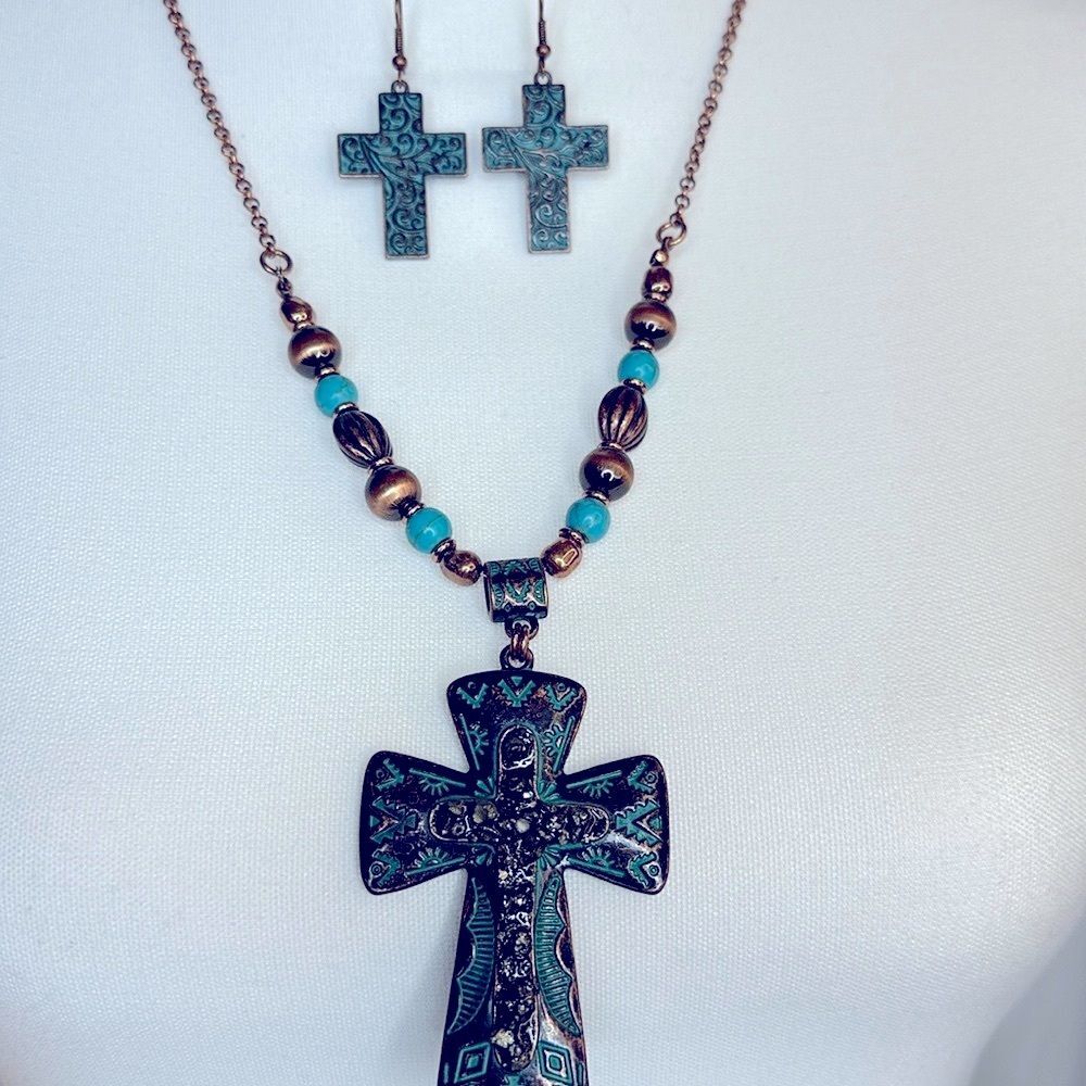 Western Cross Pendant Necklace and Earring Set